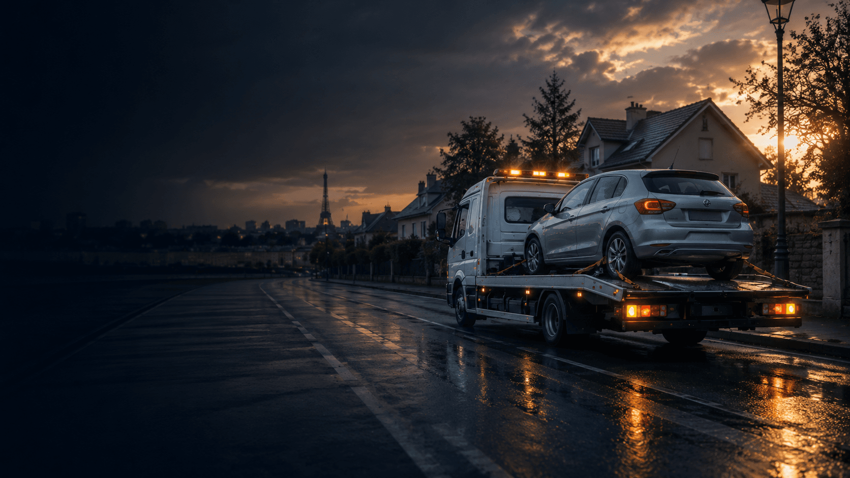 Dépanneuse Prestidepanne au crépuscule dans une rue résidentielle d'Île-de-France